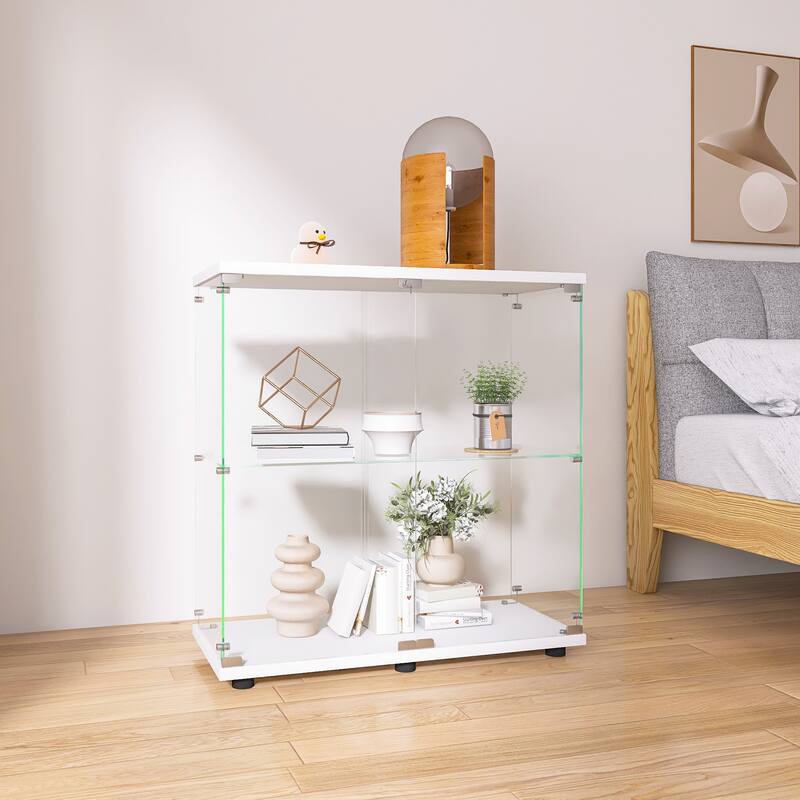One-Door Glass Display Cabinet with 3 Shelves, Floor Standing Curio Bookshelf with Tempered Glass for Living Room Bedroom Office