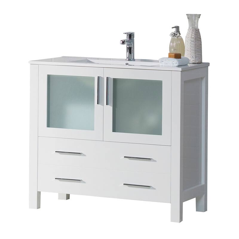Blossom Solid Wood Double Bathroom Vanity w/ Ceramic Sink & Base - 36 Inch - Glossy White