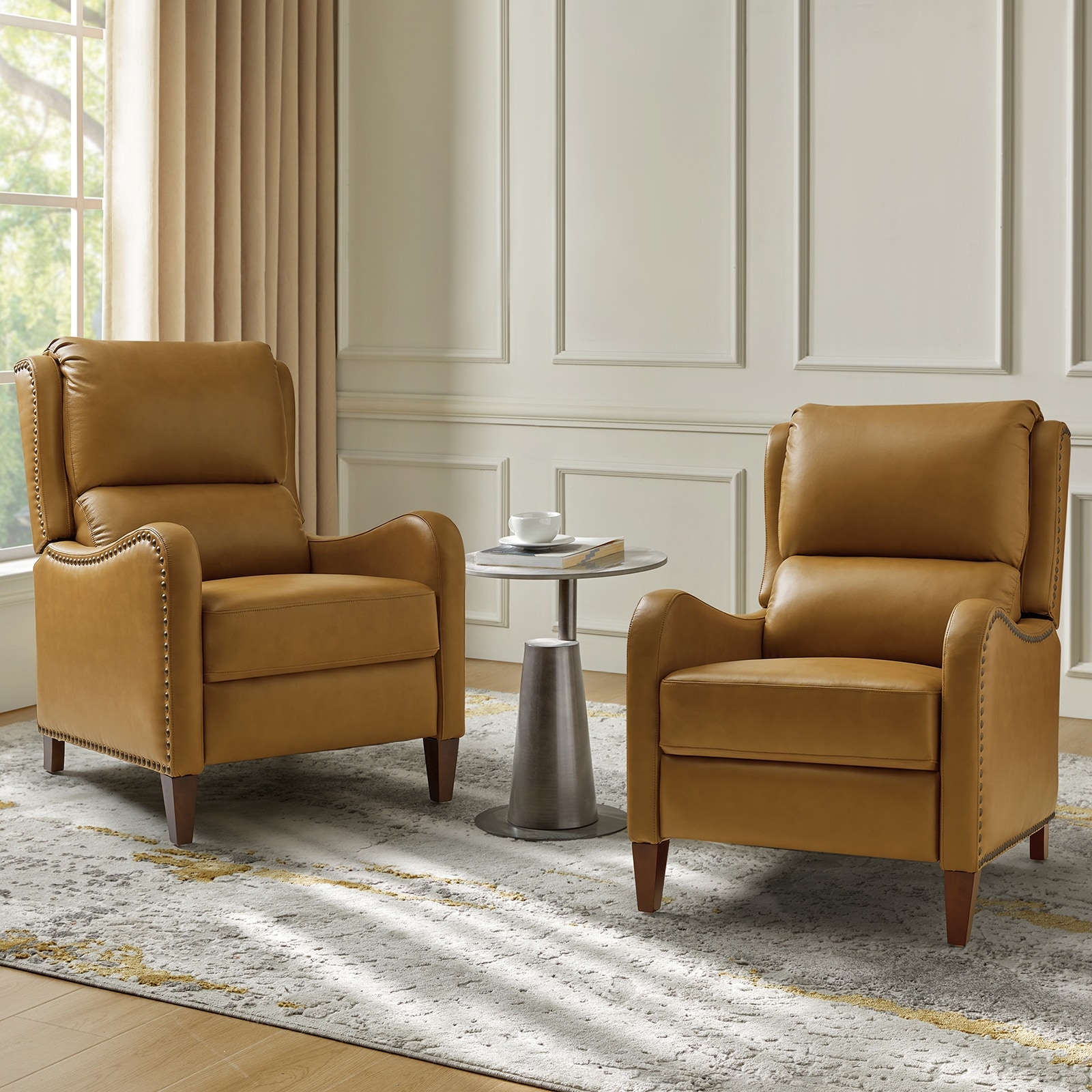 HULALA HOME Brigida Modern Genuine Leather Nailhead Trim Recliner with Adjustable Footrest Set of 2