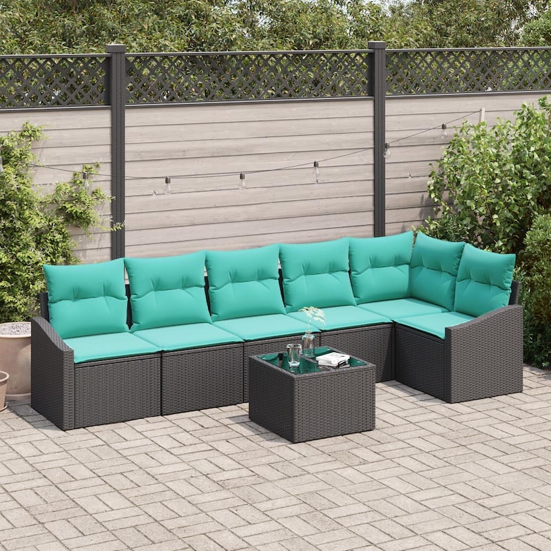 vidaXL 7 Garden Sofa Set with Cushions Black Poly Rattan - 113.6 x 48.6 x 27.2 - Black with table