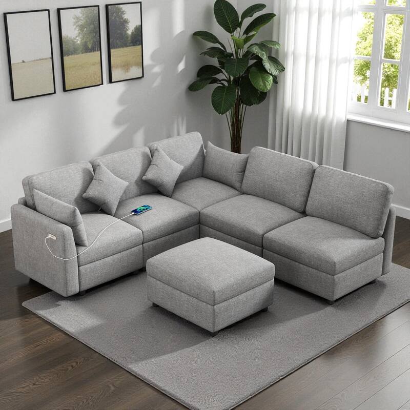 86.6" Modular Sectional Sofa with Ottoman and USB Ports, U-Shaped L-Shape Couch Bed with Chenille Fabric for Living Room