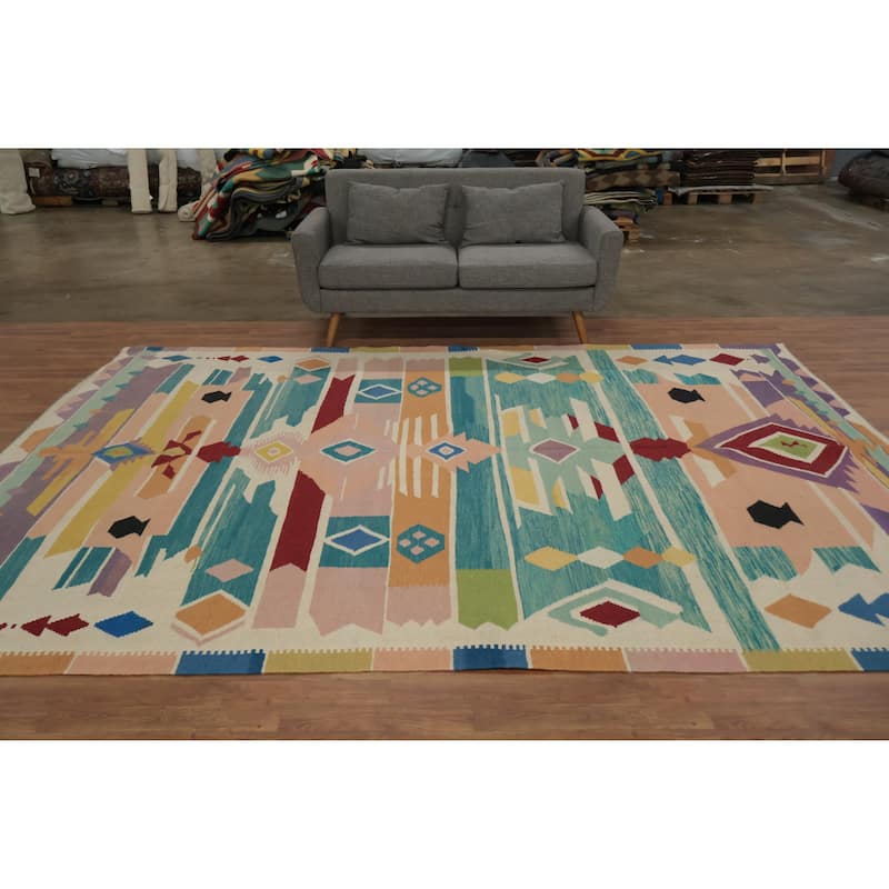 Hand Woven Oriental 100% Wool Carpet Southwestern Tribal Multi-Colored Kilim Area Rug - 11' 6'' X 8' 2''