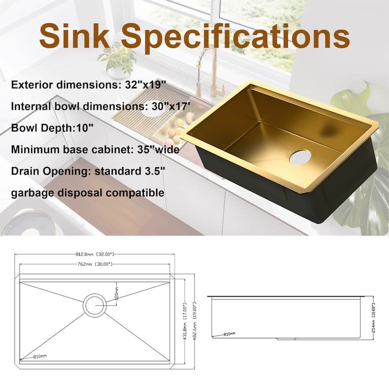32 x 19 Inch 16 Gauge Stainless Steel Undermount Kitchen Sink