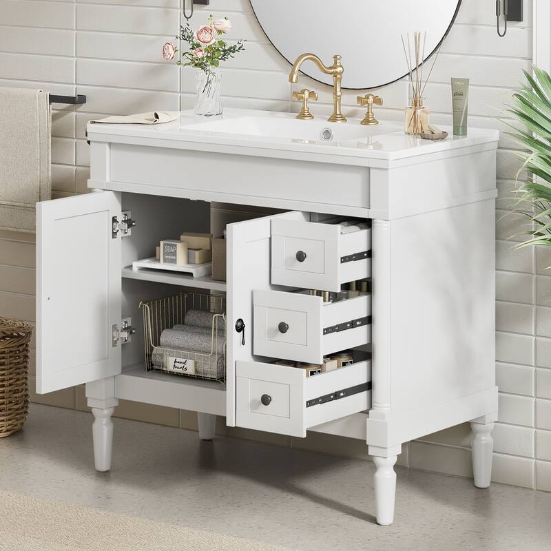 GDFStudio - Hellie 36" Modern Bathroom Vanity with Ceramic Sink - Soft-Close Doors, Drawers & Adjustable Storage