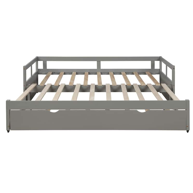 Extendable Twin Daybed with Pull-Out Trundle, Gray Wooden Frame, Space-Saving Design