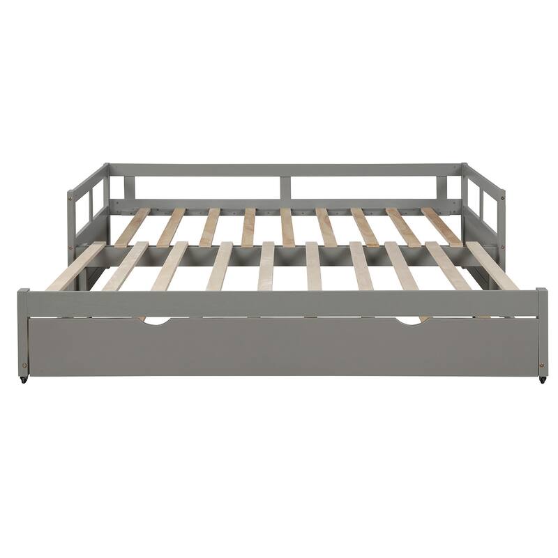 Extending Daybed with Trundle, Wooden Daybed with Trundle, Gray, for Bedroom