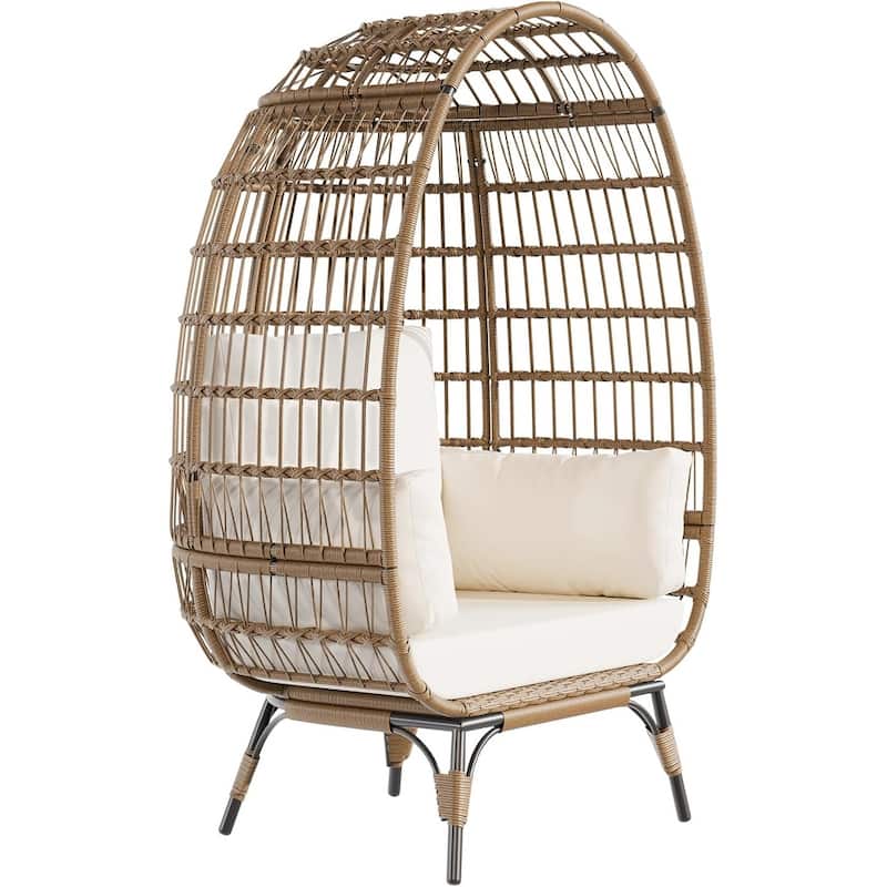 Oversize Wicker Egg Chair Outdoor with Steel Frame, Egg Basket Lounge Chair with 4 Cushions