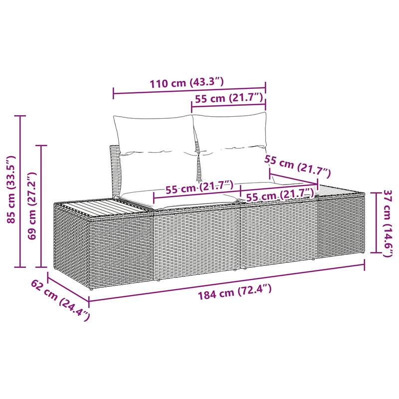 vidaXL 2-Seater Garden Sofa with Cushions Black Poly Rattan - 24.4 x 72.4 x 27.2