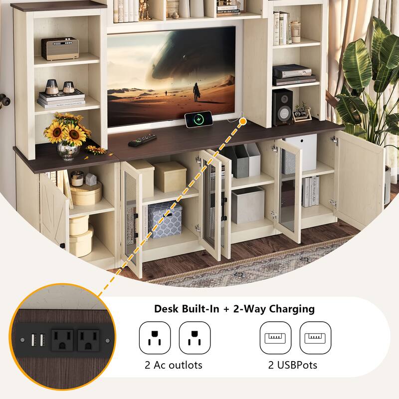 87.6" Wall Unit Entertainment Center Wood TV Stand with USB Charging, Media Console with Cabinets, Large Storage TV Cabinet
