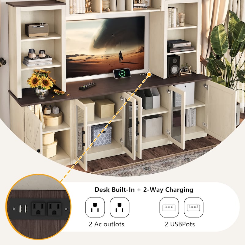 Wall Unit Entertainment Center with Charging Station and USB Charging, with Large Storage Cabinet, TV Stand Media Console