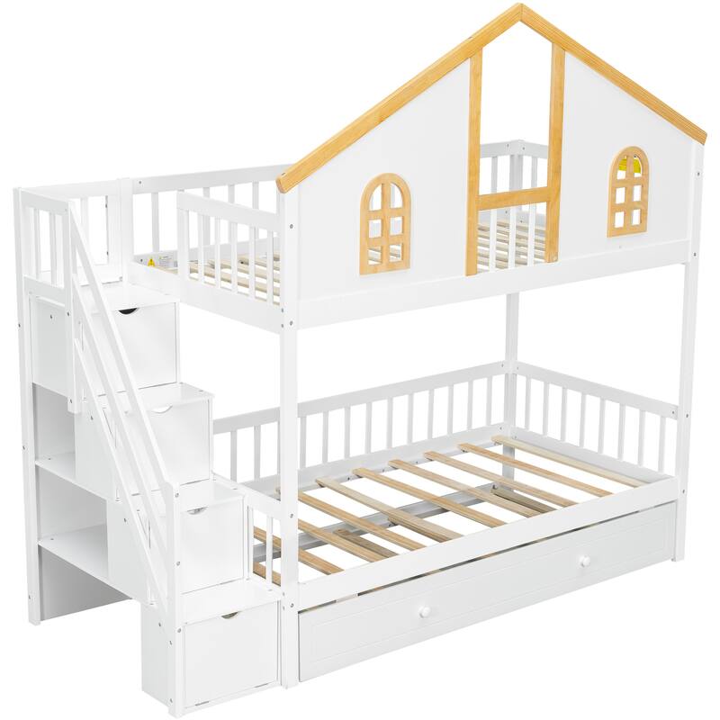 Fairytale Bunk Bed with Window Door House-shaped Roof Frame and Storage Staircase, Optional with Storage Drawers or Trundle Bed