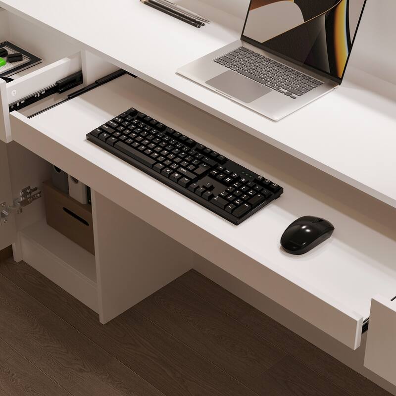 Reception Desk Checkout Counter with LED Display Shelves, Locking Drawer and Storage Cabinets