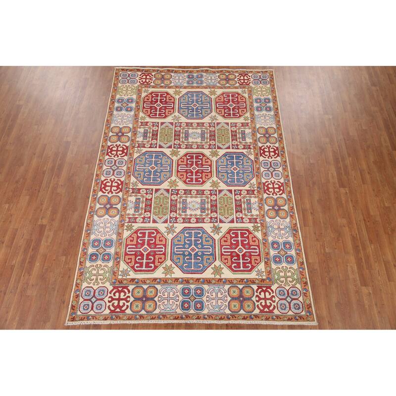 Hand Knotted Oriental 100% Wool Carpet Traditional All-Over Beige & Ivories Kazak Area Rug - 9' 11'' X 6' 8''