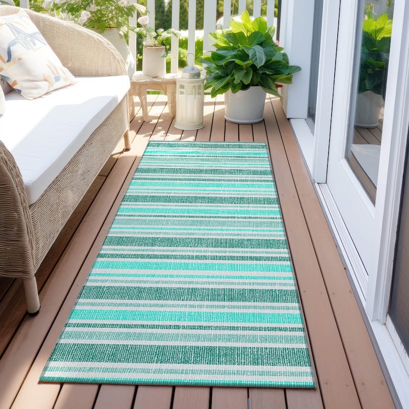 Machine Washable Indoor/ Outdoor Thin Cabana Stripe Chantille Rug - Turquoise - 2'3" x 7'6"