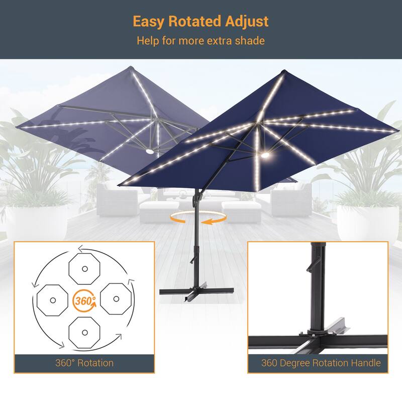 LIVOOSUN 11.5x9ft LED Cantilever Patio Umbrella with Cross Base