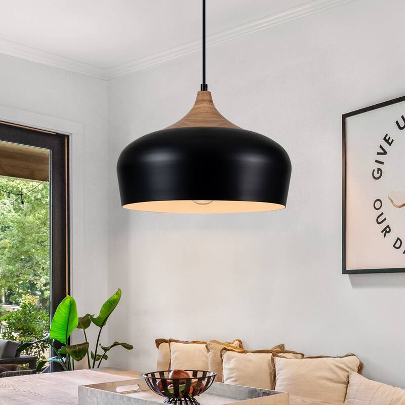 Farmhouse Matte Black Dome Pendat Light with Wood - 13.8