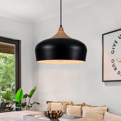 Farmhouse Matte Black Dome Pendat Light with Wood - 13.8