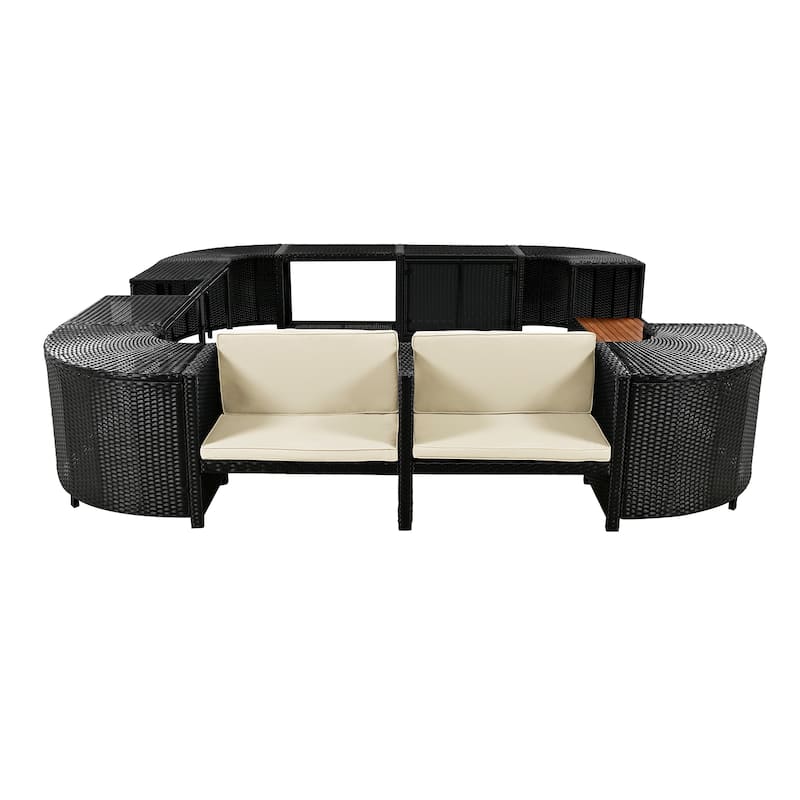 Outdoor Patio Rattan Spa Surround Frame Sofa Set with Storage Spaces and Wooden Bench