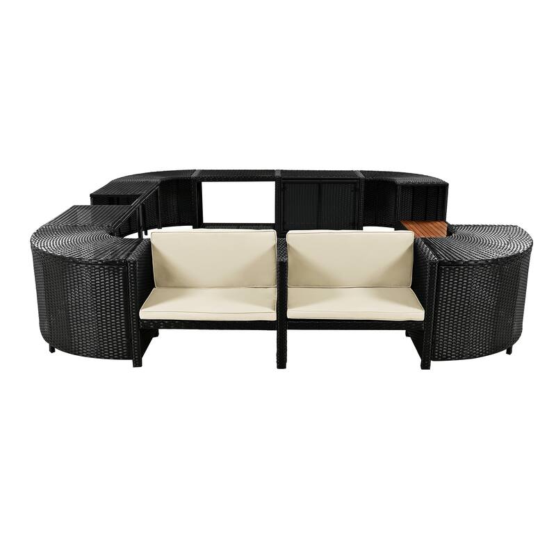 Outdoor Rattan Spa Frame Conversation Sofa Set with Storage & Wooden Bench