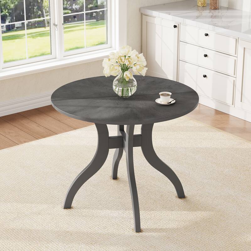 Dining Table Set with Round Table & 2 Chairs, Wood Kitchen Set with Inlaid Tabletop & Elegant Curved Legs - Grey+White