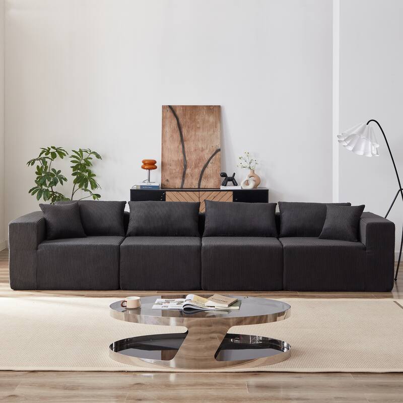 Corduroy Convertible Sectional Cloud Sofa, Foam-Filled Compressed Boneless Sofa, Modular L Shaped Floor 4 Seat Sofa