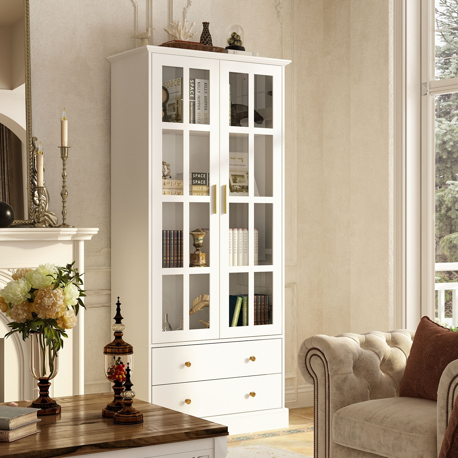 本棚・本収納 Antique Glass Door Cabinet Living Room Display-Cabinet-with-Glass-