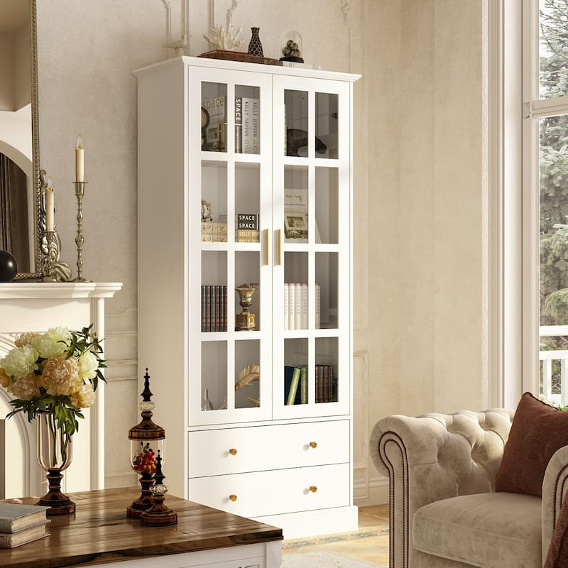 Display Cabinet with Glass Doors Bookcase Accent Living Room Hallway - 70.1"Hx31.5"W