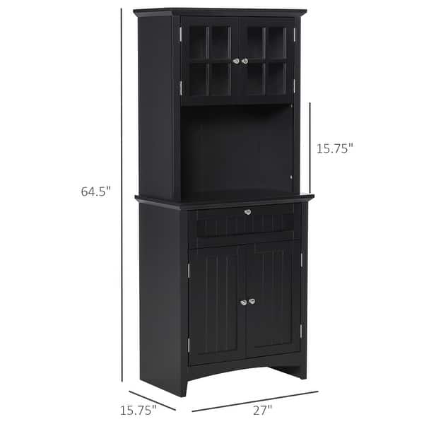 dimension image slide 1 of 2, HOMCOM Kitchen Buffet Hutch Wooden Storage Cupboard with Framed Glass Door, Drawer and Microwave Space - 27"x15.75"x64.5"