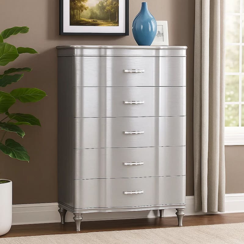 Eleena Tall Dresser Chest, 5 Drawers, Silver Solid Wood, Chrome Metal