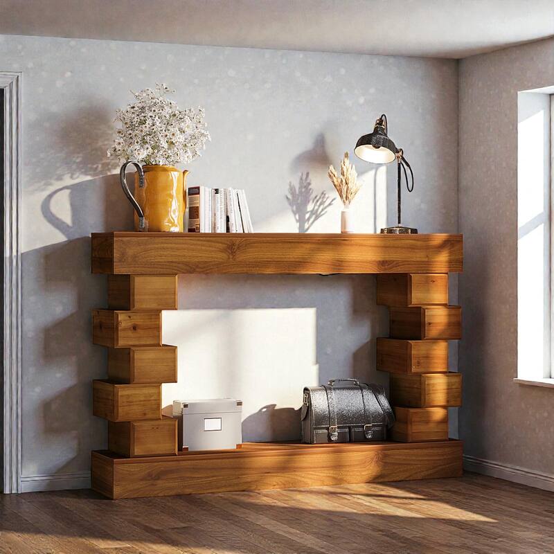47" Geometric Block Stacked Wood Console Table with Warm Natural Finish, Modern Entryway & Living Room Accent Table