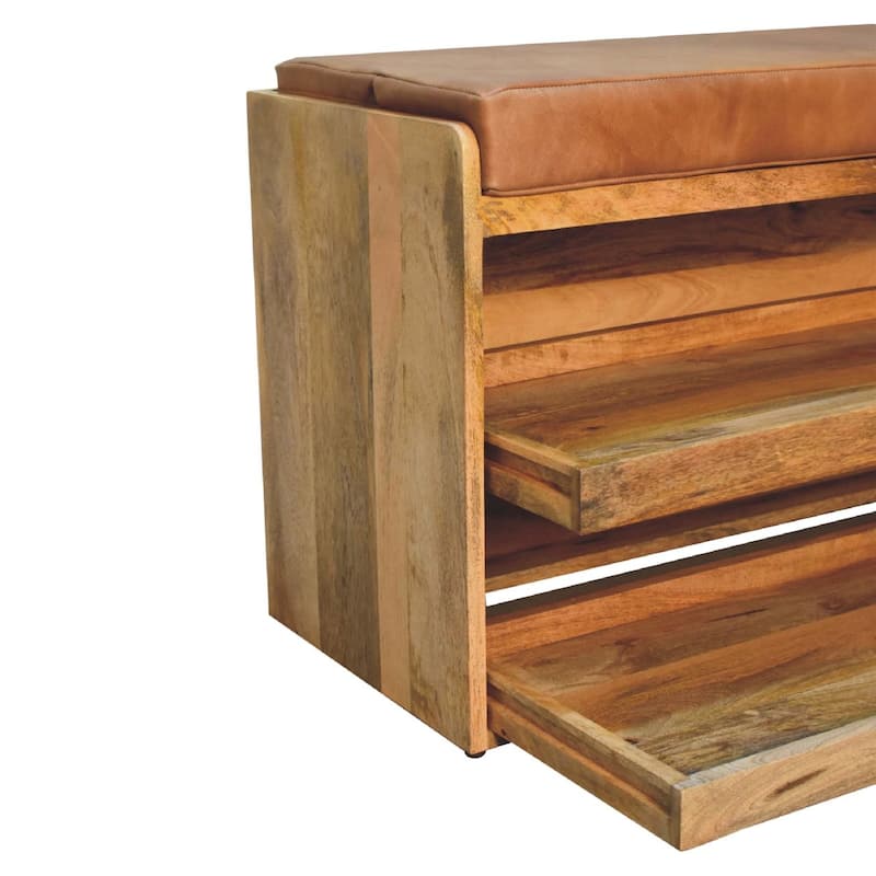 Artisan Furniture Solid Wood Buffalo Hide Pull out Oak-ish Shoe Storage Bench, Brown