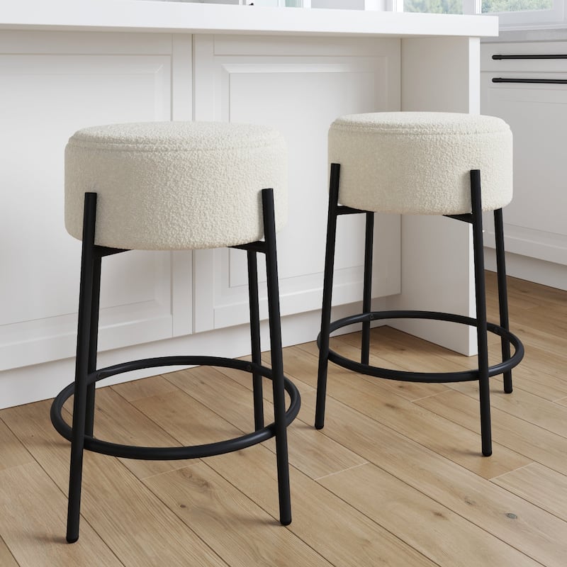 Isaac Modern Backless Metal Round Bar Stool with Boucle Padded Seat and Metal Base - Set of 2 - White - Counter Height - 23-28 in.