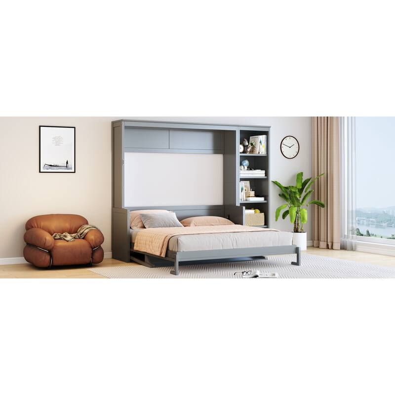 Queen Size Murphy Bed with Desk and Bookshelf in Gray, Space-saving Design