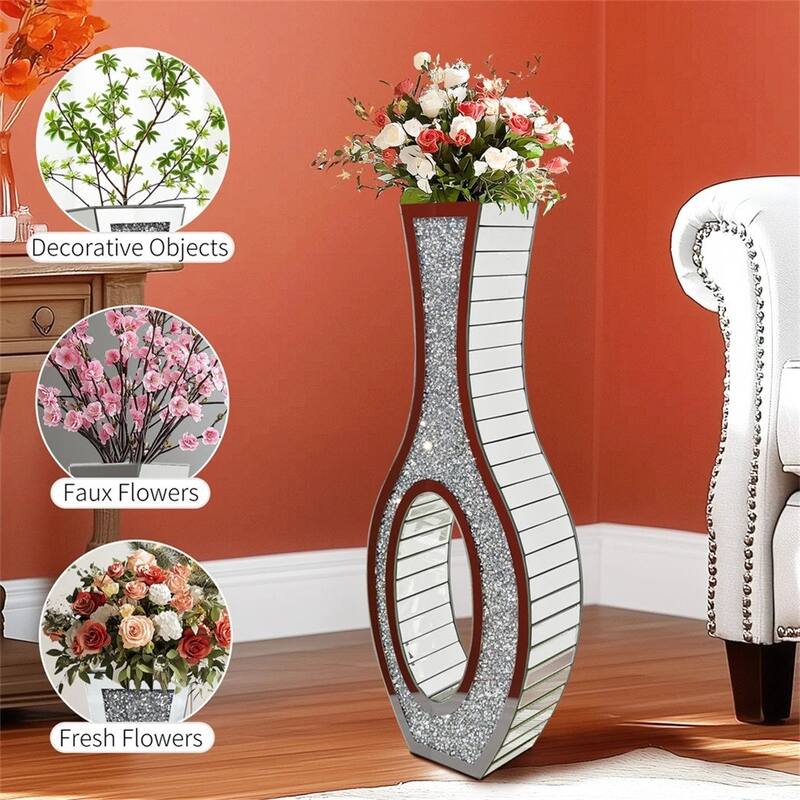 Tall Mirror Floor Vase with Silver Crystal Diamond Accents for Faux Flowers