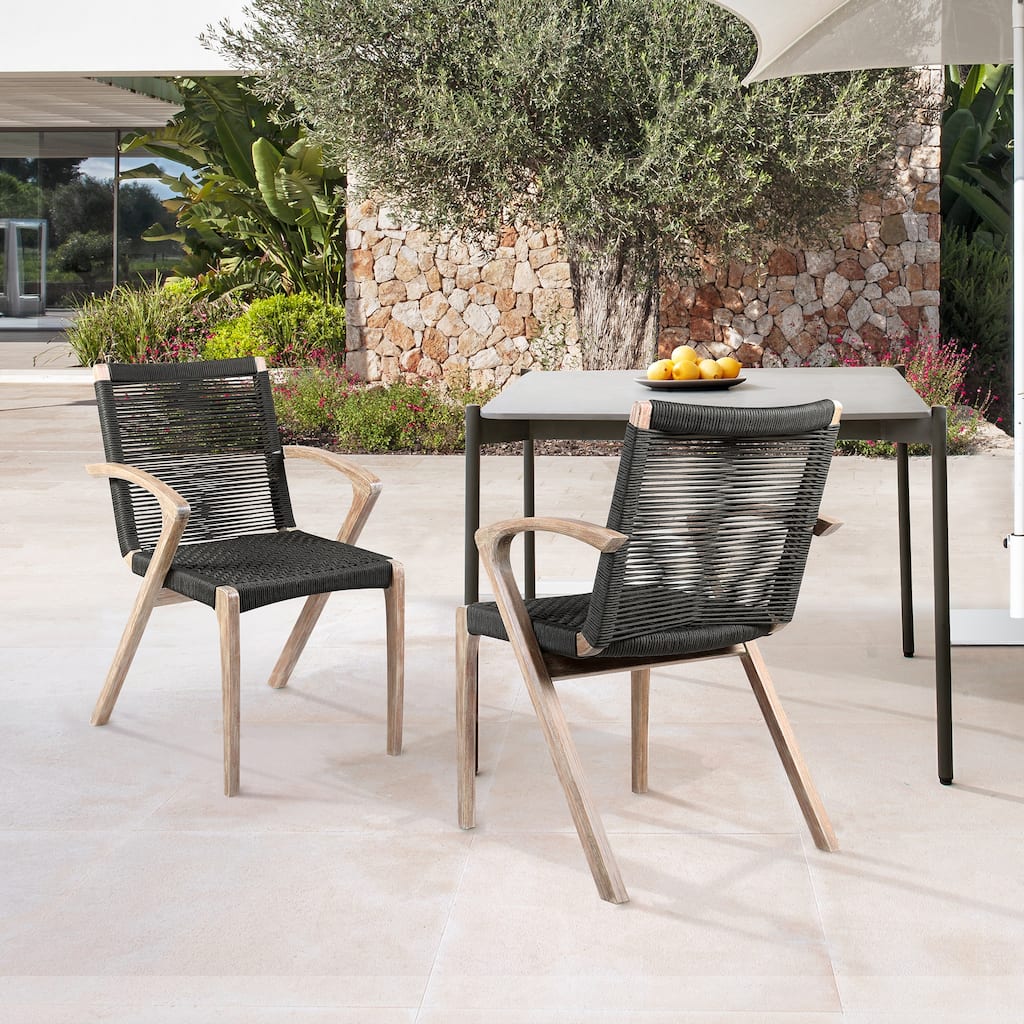 Nabila Solid Eucalyptus Wood & Rope Woven Indoor Outdoor Dining Chairs - Set of 2