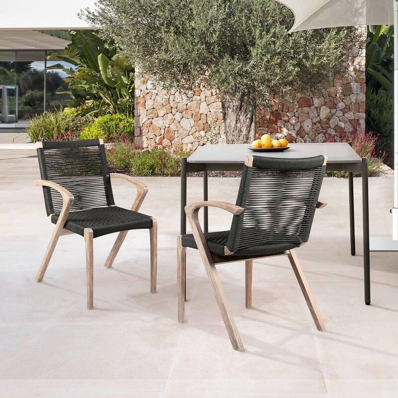Nabila Solid Eucalyptus Wood & Rope Woven Indoor Outdoor Dining Chairs - Set of 2 - Charcoal Rope & Light Eucalyptus