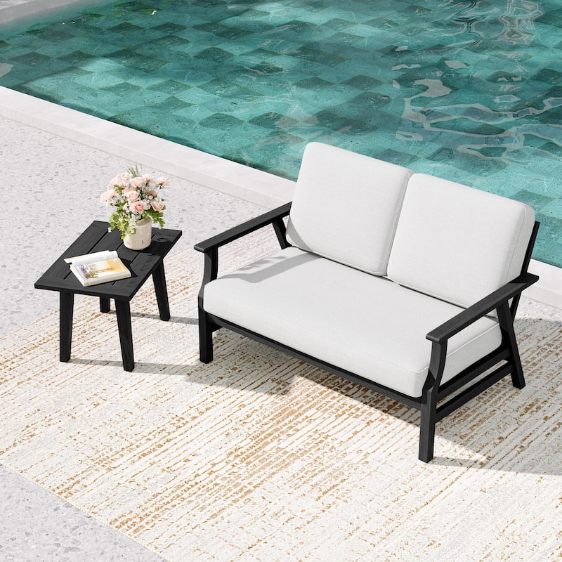 2-Piece Teak Outdoor Loveseat Set with Table. - Black Wood - Beige/side table