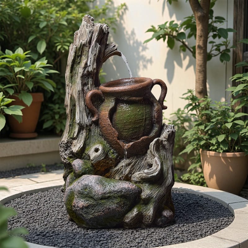 Vbal Outdoor Water Fountain with LED Lights – Weather-Resistant Faux Wood Tree Trunk Design