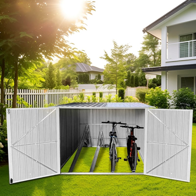 GDFStudio - Bennett Carter Bicycle Outdoor Steel Storage Shed for 4 Bikes, Grey Ash