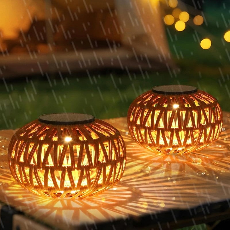 2-Pack Outdoor Solar Lanterns - Waterproof Rattan Tabletop Lights