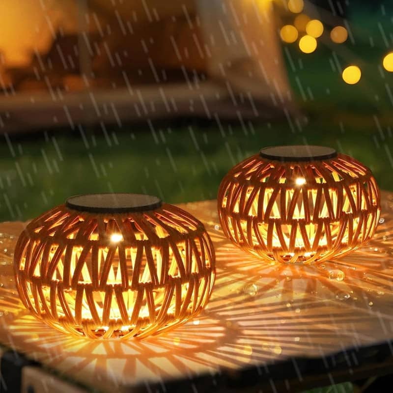 2-Pack Outdoor Solar Lanterns - Waterproof Rattan Tabletop Lights