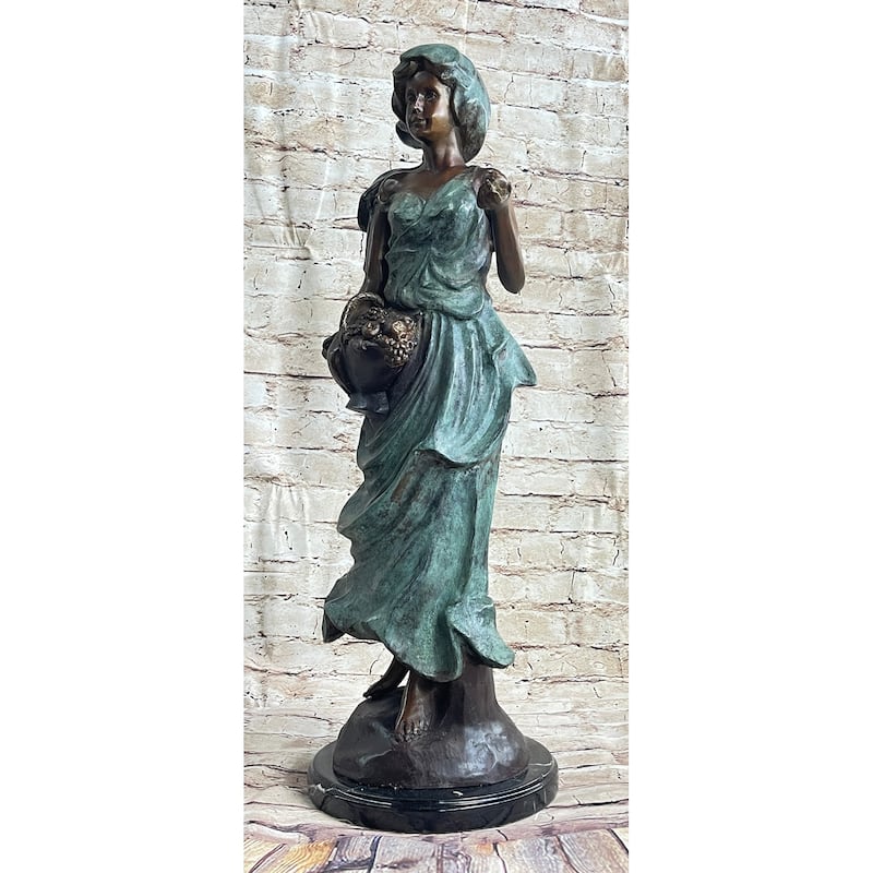 Signed Bronze Sculpture Statue Of A Young Woman Holding Basket Of Fruits