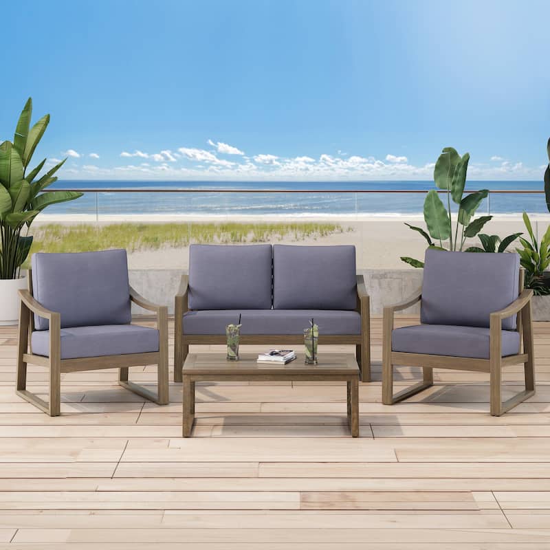 Samwell Acacia Wood Outdoor Chat Set by Christopher Knight Home - Gray Finish + Dark Gray Cushion