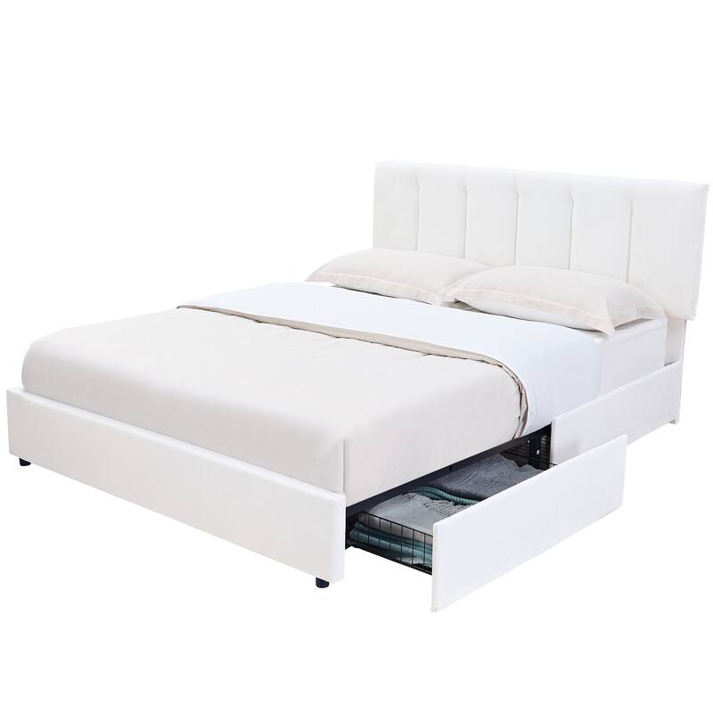 White Bed Frame with 4 Storage Drawers, Upholstered Platform Bed Frame with Adjustable Headboard