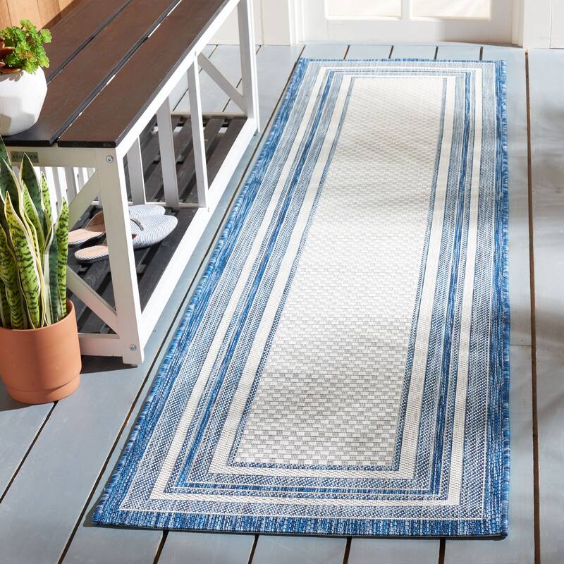 SAFAVIEH Courtyard Vickie Indoor/Outdoor Waterproof Patio Backyard Rug - 2'3" x 18' Runner - Ivory/Navy