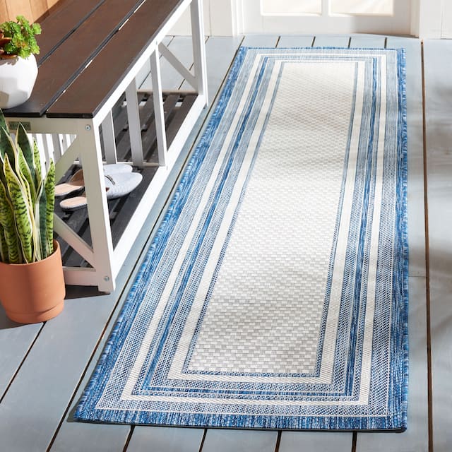 SAFAVIEH Courtyard Vickie Indoor/ Outdoor Waterproof Patio Backyard Rug - 2'3" x 8' Runner - Ivory/Navy