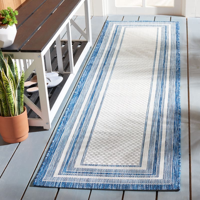 SAFAVIEH Courtyard Vickie Indoor/ Outdoor Waterproof Patio Backyard Rug - 2'3" x 8' Runner - Ivory/Navy