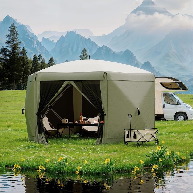 13FT Collapsible Gazebo Tent with 6 Removable Wind Panels for Outdoor Events, Camping, Patio, Backyard - N/A - Green