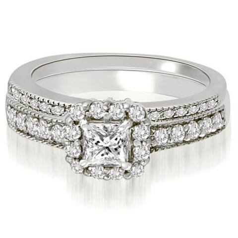 1.09 CT Halo Princess & Round Diamond Matching Bridal Set in 14KT Gold - White H-I