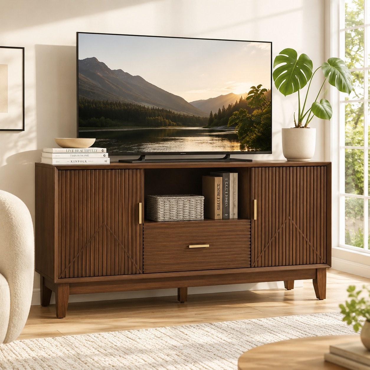 56" Mid Century TV Stand for TVs up to 55", Entertainment Center with Drawer and Storage Cabinets